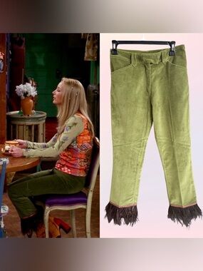 Green Velvet Feather Trim Pants ASO Phoebe Buffay on Friends